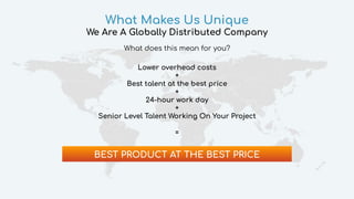 What Makes Us Unique
We Are A Globally Distributed Company
Lower overhead costs
+
Best talent at the best price
+
24-hour work day
+
Senior Level Talent Working On Your Project
=
BEST PRODUCT AT THE BEST PRICE
What does this mean for you?
 