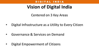 D I G I T A L I N D I A
Vision of Digital India
Centered on 3 Key Areas
• Digital Infrastructure as a Utility to Every Cit...