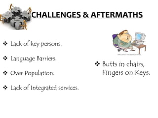 CHALLENGES & AFTERMATHS
 Butts in chairs,
Fingers on Keys.
 Lack of key persons.
 Language Barriers.
 Over Population.
 Lack of Integrated services.
 