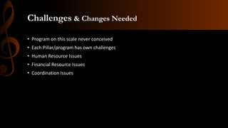 Challenges & Changes Needed
• Program on this scale never conceived
• Each Pillar/program has own challenges
• Human Resource Issues
• Financial Resource Issues
• Coordination Issues
 