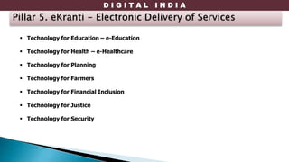 D I G I T A L I N D I A
 Technology for Education – e-Education
 Technology for Health – e-Healthcare
 Technology for Planning
 Technology for Farmers
 Technology for Financial Inclusion
 Technology for Justice
 Technology for Security
 