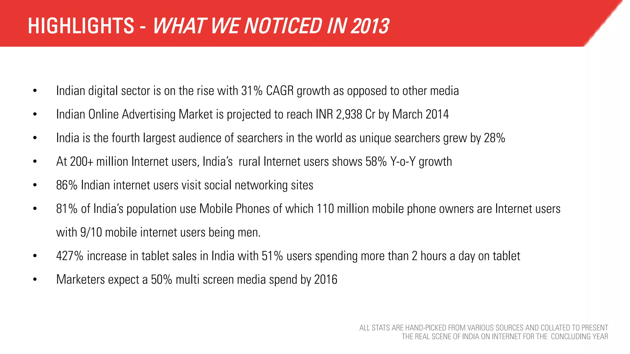 HIGHLIGHTS - WHAT WE NOTICED IN 2013
• 

Indian digital sector is on the rise with 31% CAGR growth as opposed to other media

• 

Indian Online Advertising Market is projected to reach INR 2,938 Cr by March 2014

• 

India is the fourth largest audience of searchers in the world as unique searchers grew by 28%

• 

At 200+ million Internet users, India’s rural Internet users shows 58% Y-o-Y growth

• 

86% Indian internet users visit social networking sites

• 

81% of India’s population use Mobile Phones of which 110 million mobile phone owners are Internet users
with 9/10 mobile internet users being men.

• 

427% increase in tablet sales in India with 51% users spending more than 2 hours a day on tablet

• 

Marketers expect a 50% multi screen media spend by 2016

ALL STATS ARE HAND-PICKED FROM VARIOUS SOURCES AND COLLATED TO PRESENT
THE REAL SCENE OF INDIA ON INTERNET FOR THE CONCLUDING YEAR

 