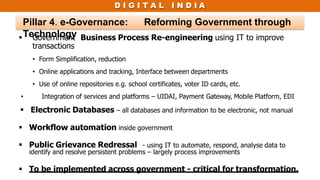 D I G I T A L I N D I A
 Government Business Process Re-engineering using IT to improve
transactions
• Form Simplification, reduction
• Online applications and tracking, Interface between departments
• Use of online repositories e.g. school certificates, voter ID cards, etc.
• Integration of services and platforms – UIDAI, Payment Gateway, Mobile Platform, EDI
 Electronic Databases – all databases and information to be electronic, not manual
 Workflow automation inside government
 Public Grievance Redressal - using IT to automate, respond, analyse data to
identify and resolve persistent problems – largely process improvements
 To be implemented across government - critical for transformation.
Pillar 4. e-Governance: Reforming Government through
Technology
 