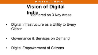 D I G I T A L I N D I A
Vision of Digital
India
Centered on 3 Key Areas
• Digital Infrastructure as a Utility to Every
Citizen
• Governance & Services on Demand
• Digital Empowerment of Citizens
 