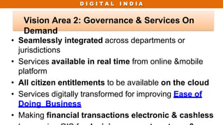 D I G I T A L I N D I A
• Seamlessly integrated across departments or
jurisdictions
• Services available in real time from online &mobile
platform
• All citizen entitlements to be available on the cloud
• Services digitally transformed for improving Ease of
Doing Business
• Making financial transactions electronic & cashless
Vision Area 2: Governance & Services On
Demand
 