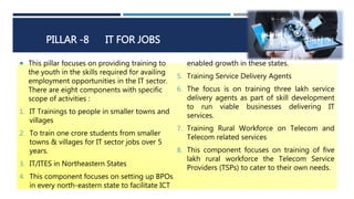 PILLAR -8 IT FOR JOBS
 This pillar focuses on providing training to
the youth in the skills required for availing
employment opportunities in the IT sector.
There are eight components with specific
scope of activities :
1. IT Trainings to people in smaller towns and
villages
2. To train one crore students from smaller
towns & villages for IT sector jobs over 5
years.
3. IT/ITES in Northeastern States
4. This component focuses on setting up BPOs
in every north-eastern state to facilitate ICT
enabled growth in these states.
5. Training Service Delivery Agents
6. The focus is on training three lakh service
delivery agents as part of skill development
to run viable businesses delivering IT
services.
7. Training Rural Workforce on Telecom and
Telecom related services
8. This component focuses on training of five
lakh rural workforce the Telecom Service
Providers (TSPs) to cater to their own needs.
 