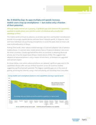  
                                                    21 




No. 8: Mobility Gap: As apps multiply and speeds increase,  
mobile users snap up smartphones — but realize only a fraction  
of their potential. 
Although mobile Internet use is growing, a significant gap exists between the capabilities 
available to mobile phone users and the number of individuals who actually take 
advantage of them. 
The mobile world continues to advance, as wireless operators and handset manufacturers 
provide increasingly capable devices and ever‐faster network speeds. In response, more 
and more individuals are purchasing smartphones to access the web, listen to music and 
view multimedia while on the go.  
Putting China aside, other nations studied average a 21 percent adoption rate of advance 
mobile phones. In contrast, basic mobile phones have a 71 percent adoption rate across 
the seven countries. Canada lags behind the other six countries in adopting advanced 
phones, but it has the largest base of basic mobile phones (73%). This suggests that 
adoption of advanced phones is only a matter of time there, as handsets are upgraded 
and contracts expire.  
As shown below, even where advanced phones are adopted, significant gaps exist in the 
capabilities devices offer and use of those functions across all countries studied, 
suggesting significant growth potential. The biggest capability gaps are in the areas of 
gaming, accessing the Internet, using e‐mail and playing and recording music and video. 


    Using mobile and smartphone features and capabilities during a typical week




 




 
 