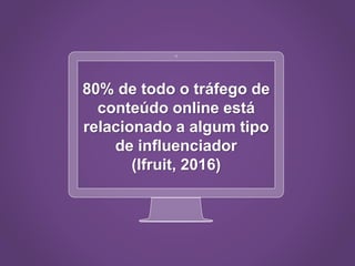 80% de todo o tráfego de
conteúdo online está
relacionado a algum tipo
de influenciador
(Ifruit, 2016)
 