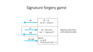 Signature forgery game
M ← {}
𝑚′
𝑠𝑖𝑔′
𝑠𝑘, 𝑣𝑘 ← 𝐺𝑒𝑛(1𝑠
)
(𝑚, 𝑠𝑖𝑔)
Wins if
• 𝑚 ∉ 𝑀
• 𝑉𝑒𝑟𝑖𝑓𝑦𝑣𝑘 𝑚, 𝑠𝑖𝑔 = 1
𝑠𝑖𝑔′ ← 𝑆𝑖𝑔𝑛𝑠𝑘(𝑚′)
M ← 𝑀 ∪ {𝑚′} Repeat as many times
as the adversary wants
𝑣𝑘
 