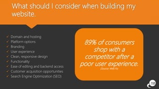 What should I consider when building my
website.
 Domain and hosting
 Platform options
 Branding
 User experience
 Clean, responsive design
 Functionality
 Ease of editing and backend access
 Customer acquisition opportunities
 Search Engine Optimization (SEO)
89% of consumers
shop with a
competitor after a
poor user experience.
(Source: Web Fx)
 