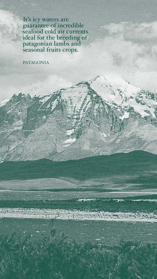 It’s icy waters are
guarantee of incredible
seafood cold air currents
ideal for the breeding of
patagonian lambs and
seasonal fruits crops.
PATAGONIA
 