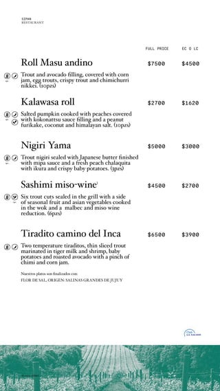 FULL PRICE EC O LC
opc.
opc.
opc.
opc.
Roll Masu andino $7500 $4500
Trout and avocado filling, covered with corn
jam, egg trouts, crispy trout and chimichurri
nikkei. (10pzs)
Kalawasa roll $2700 $1620
Salted pumpkin cooked with peaches covered
with kokonattsu sauce filling and a peanut
furikake, coconut and himalayan salt. (10pzs)
Nigiri Yama $5000 $3000
Trout nigiri sealed with Japanese butter finished
with mipa sauce and a fresh peach chalaquita
with ikura and crispy baby potatoes. (3pzs)
Sashimi miso-wine)
$4500 $2700
Six trout cuts sealed in the grill with a side
of seasonal fruit and asian vegetables cooked
in the wok and a malbec and miso wine
reduction. (6pzs)
Tiradito camino del Inca $6500 $3900
Two temperature tiraditos, thin sliced trout
marinated in tiger milk and shrimp, baby
potatoes and roasted avocado with a pinch of
chimi and corn jam.
Nuestros platos son finalizados con:
FLOR DE SAL, ORIGEN: SALINAS GRANDES DE JUJUY
el cuyo nikkei
SIPAN
RESTAURANT
 