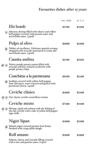 Favourites dishes after 15 years
FULL PRICE EC O LC
opc.
opc.
opc.
opc.
Ebi bomb $3700 $2200
delicious shrimp filled with cheese and yellow
bell pepper covered with passión sauce and
acevichada sauce. (4und)
Pulpo al olivo $8000 $4800
Nikkei of excellence. Delicious spanish octopus
chopped with avocado marinated in rosita and
acevichada sauce. (4und)
Causita andina $4700 $2820
Native purple potato causita filled with
avocado and hot seafood escabeche with
purple potato chips.
Conchitas a la parmesana $8500 $5100
Scallops covered with yellow bell pepper,
lime and pisco, semi covered and grated with
parmesan cheese. (4und)
Ceviche clásico $6000 $3600
Our classic ceviche carretillera version.
Ceviche mixto $7500 $4500
Shrimp, squid and salmon with the fishing of
the day ceviche with a side of yellow bell pepper
tiger milk.
Nigiri Sipan $4000 $2400
Salmon nigiri covered passion fruit honey
finished with crispy philo dough.
Roll amano $5000 $3000
Salmon, cheese and avocado filling covered
with a tare and passion sauce. (10pzs)
 