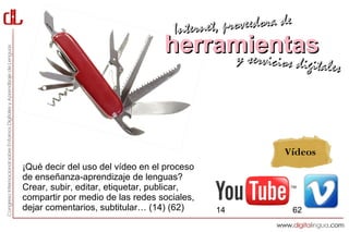 Interne t, proveedora de
                                  herramientas
                                       y servici       cios digitales




                                                          Vídeos
¡Qué decir del uso del vídeo en el proceso
de enseñanza-aprendizaje de lenguas?
Crear, subir, editar, etiquetar, publicar,
compartir por medio de las redes sociales,
dejar comentarios, subtitular… (14) (62)     14                62
 