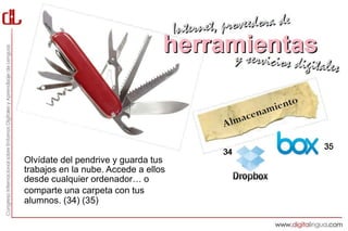 35
                                      34
Olvídate del pendrive y guarda tus
trabajos en la nube. Accede a ellos
desde cualquier ordenador… o
comparte una carpeta con tus
alumnos. (34) (35)
 