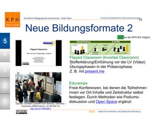 Institut für Fernstudien und Didaktische EntwicklungIFDE
Kirchliche Pädagogische Hochschule - Edith Stein
Neue Bildungsformate 2
33
Hochschuldidaktische Herausforderungen
Flipped Classroom (Inverted Classroom)
Stofferklärung/Einführung vor der LV (Video)
Übungsphasen in der Präsenzphase.
Z. B. mit present.me
Educamps
Freie Konferenzen, bei denen die Teilnehmer-
innen vor Ort Inhalte und Zeitstruktur selbst
festlegen. Durch Methoden wie Podiums-
diskussion und Open Space ergänzt.
an der KPH-ES möglich
(Quelle: Christian Leschke from Ilmenau, Germany -
EduCamp 2008 Ilmenau. CC BY-SA 3.0
http://bit.ly/14WNZl6 )
1
2
3
4
5
 