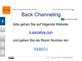 Institut für Fernstudien und Didaktische EntwicklungIFDE
Kirchliche Pädagogische Hochschule - Edith Stein
Back Channeling
36
Hochschuldidaktische Herausforderungen
an der KPH-ES möglich
bitte gehen Sie auf folgende Website:
b.socrative.com
und geben Sie als Room Number ein:
948031
1
2
3
4
5
 