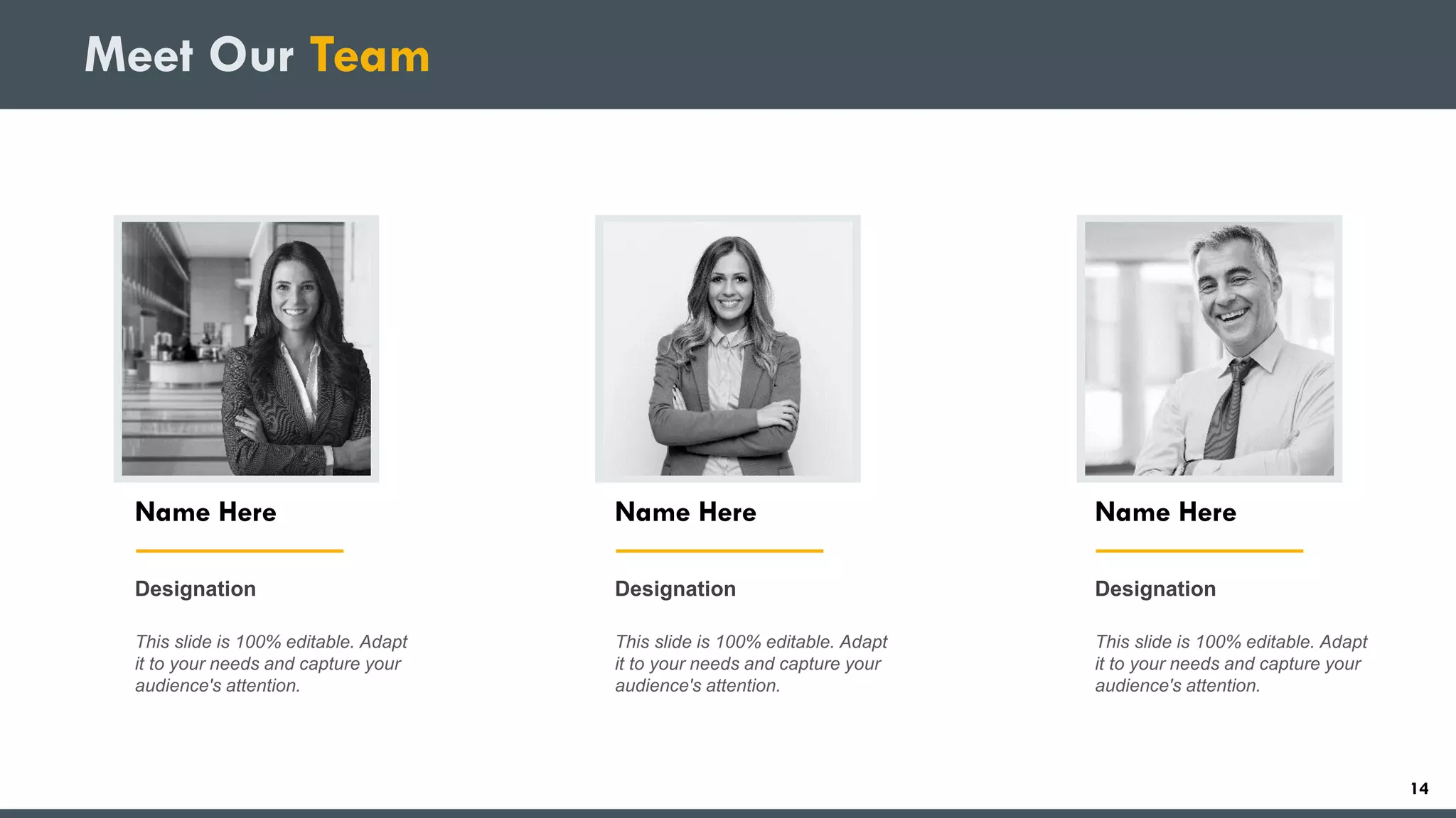 Name Here
Designation
This slide is 100% editable. Adapt
it to your needs and capture your
audience's attention.
Name Here
Designation
This slide is 100% editable. Adapt
it to your needs and capture your
audience's attention.
Name Here
Designation
This slide is 100% editable. Adapt
it to your needs and capture your
audience's attention.
Meet Our Team
14
 