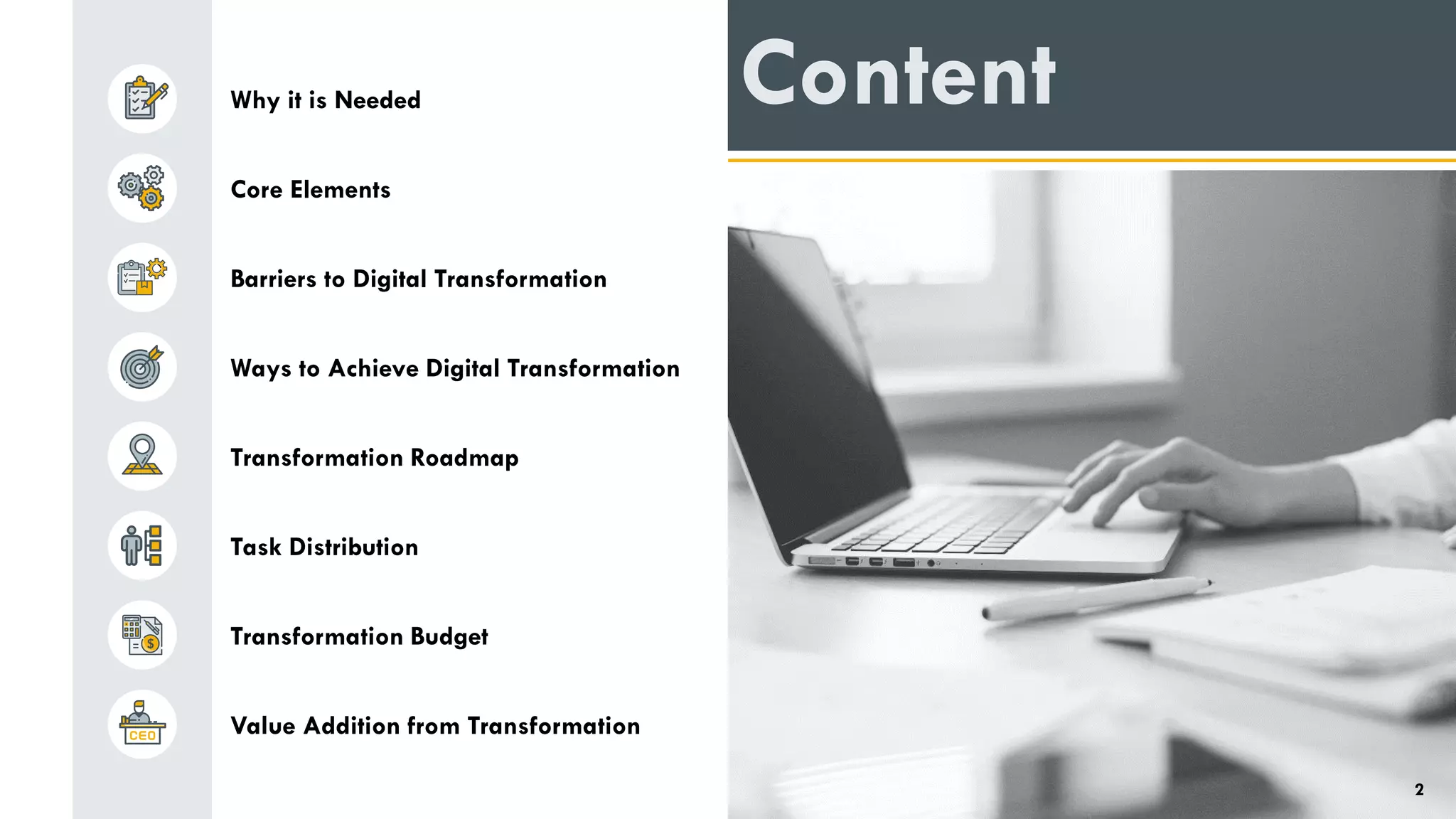 Ways to Achieve Digital Transformation
Barriers to Digital Transformation
Core Elements
Why it is Needed
Value Addition from Transformation
Task Distribution
Transformation Roadmap
Transformation Budget
Content
2
 