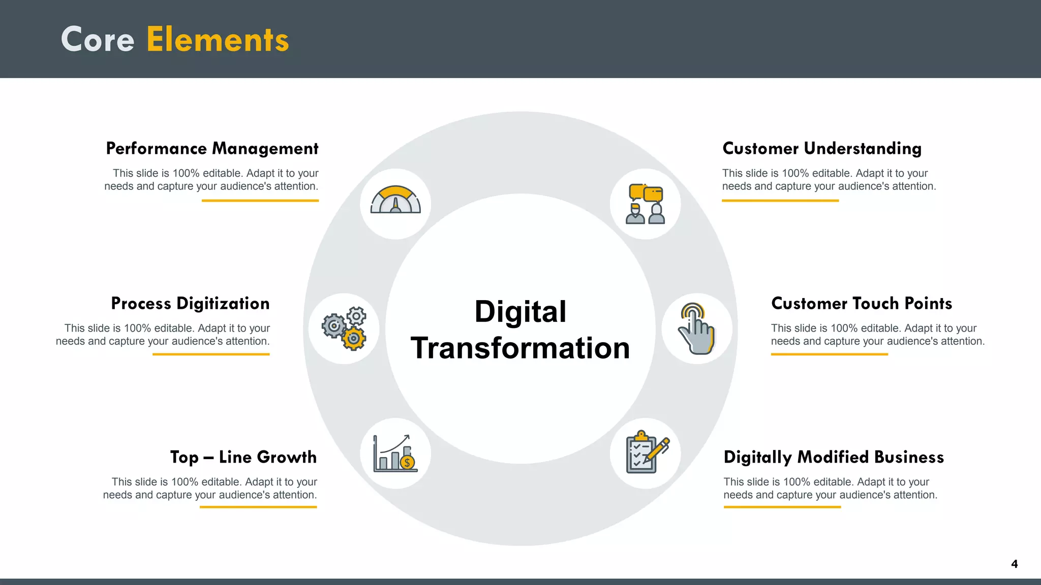 Core Elements
Performance Management
This slide is 100% editable. Adapt it to your
needs and capture your audience's attention.
Customer Understanding
This slide is 100% editable. Adapt it to your
needs and capture your audience's attention.
Process Digitization
This slide is 100% editable. Adapt it to your
needs and capture your audience's attention.
Customer Touch Points
This slide is 100% editable. Adapt it to your
needs and capture your audience's attention.
Top – Line Growth
This slide is 100% editable. Adapt it to your
needs and capture your audience's attention.
Digitally Modified Business
This slide is 100% editable. Adapt it to your
needs and capture your audience's attention.
Digital
Transformation
4
 