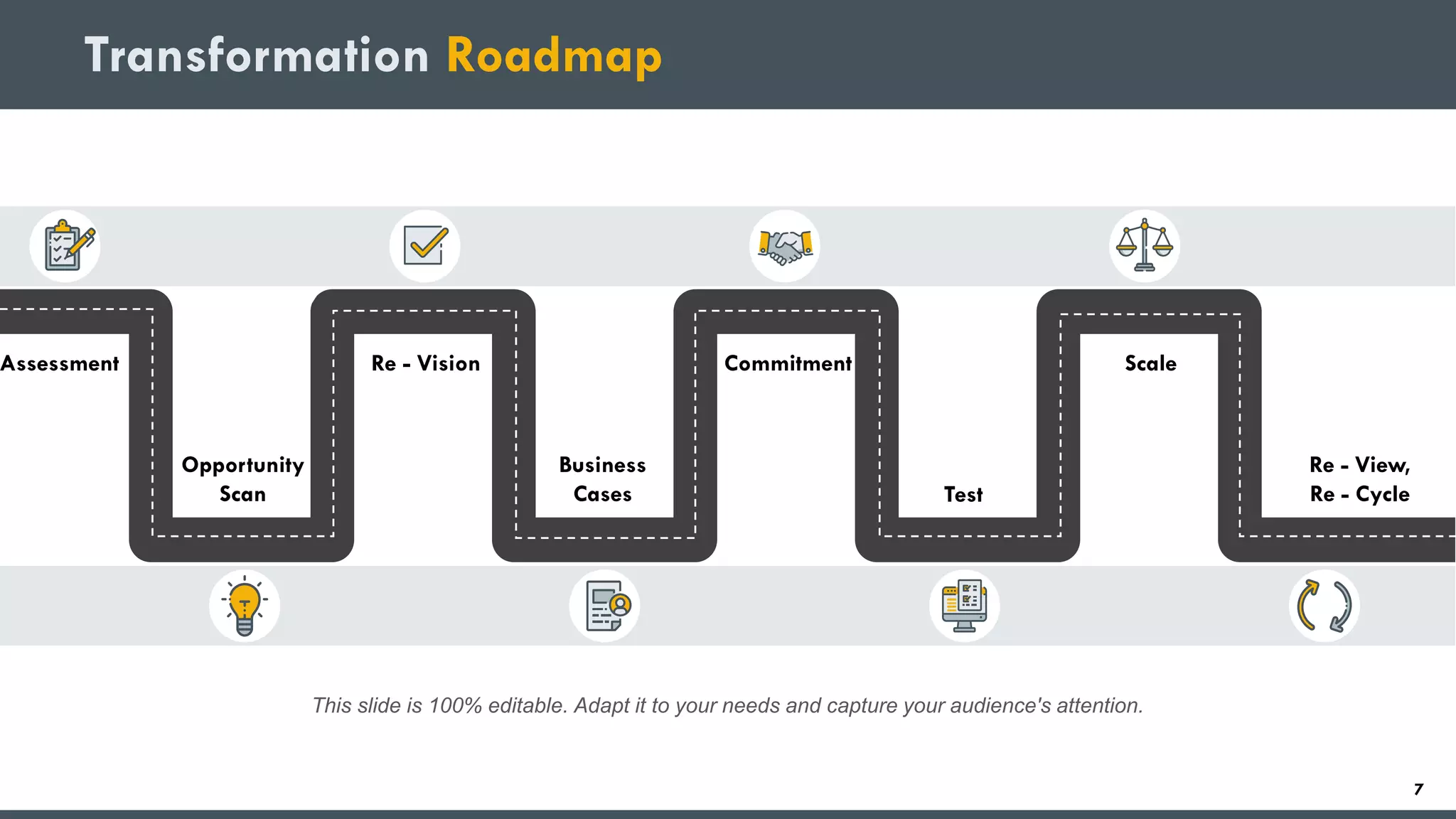 Transformation Roadmap
This slide is 100% editable. Adapt it to your needs and capture your audience's attention.
Assessment Commitment ScaleRe - Vision
Business
Cases
Opportunity
Scan Test
Re - View,
Re - Cycle
7
 