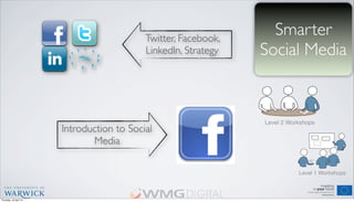 Smarter
Social Media
Introduction to Social
Media
Level 2 Workshops
Level 1 Workshops
Twitter, Facebook,
LinkedIn, Strategy
Thursday, 18 April 13
 