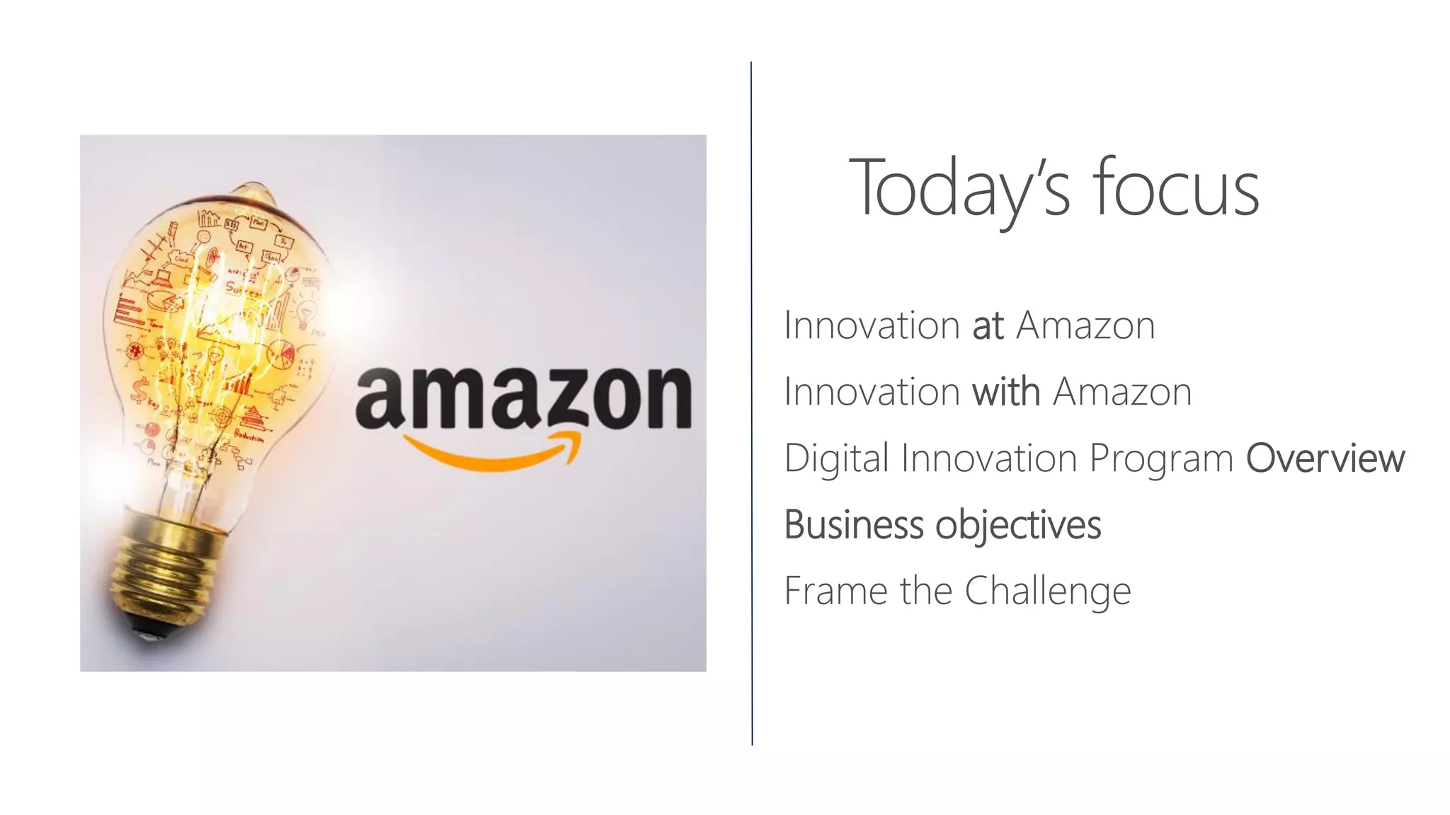 Innovation at Amazon
Innovation with Amazon
Digital Innovation Program Overview
Business objectives
 