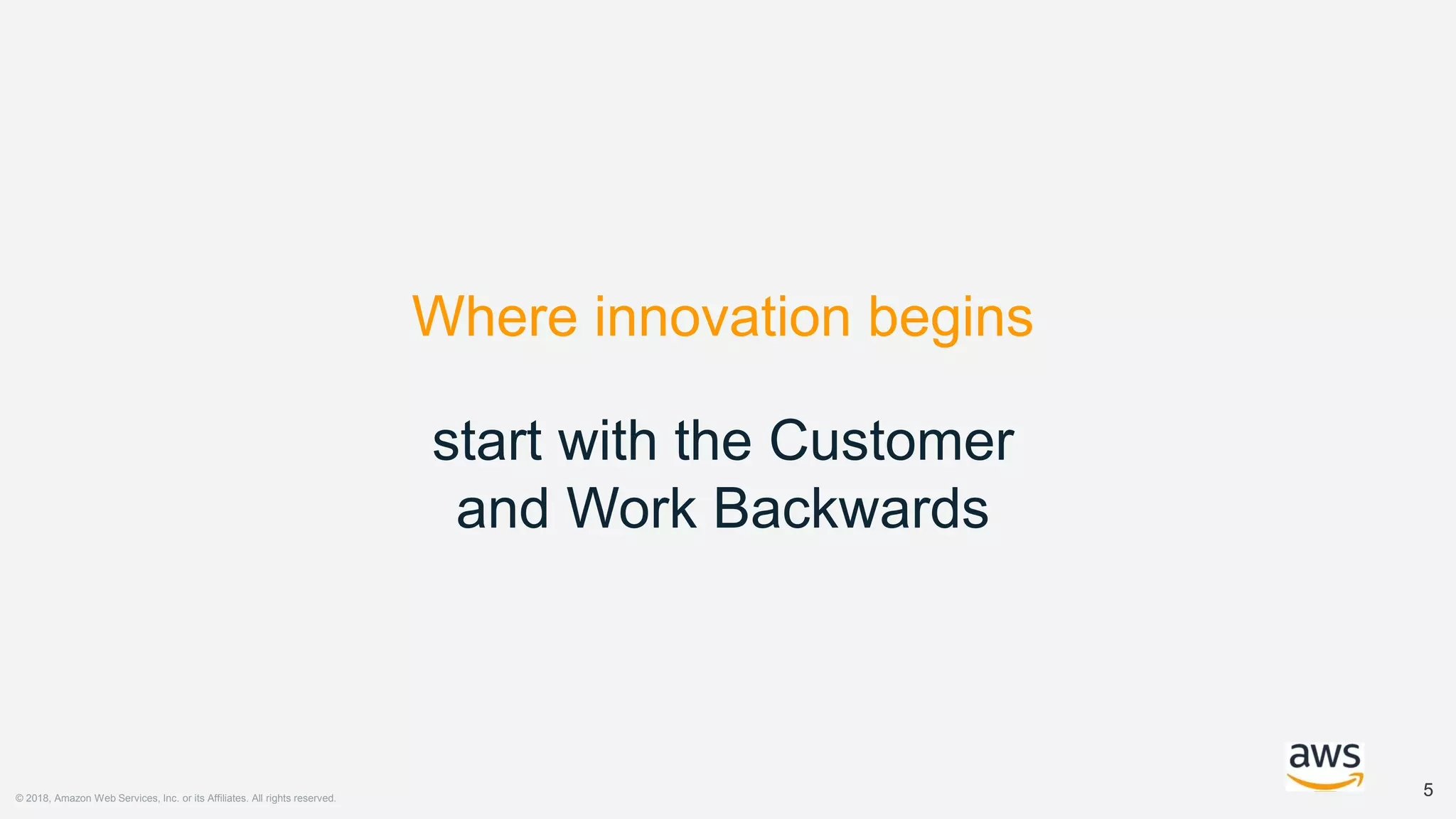 © 2018, Amazon Web Services, Inc. or its Affiliates. All rights reserved.
55
Where innovation begins
start with the Customer
and Work Backwards
 