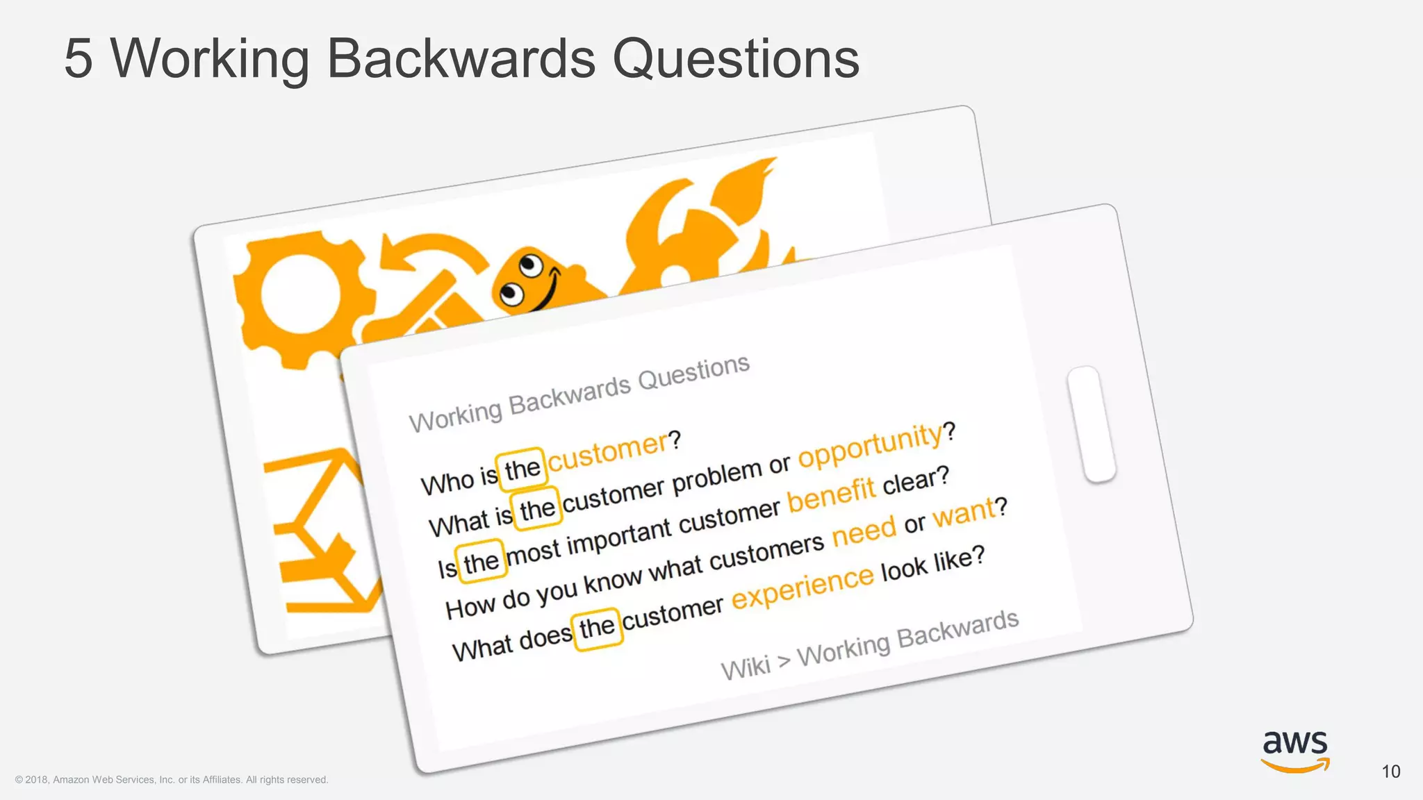 © 2018, Amazon Web Services, Inc. or its Affiliates. All rights reserved.
1010
5 Working Backwards Questions
 