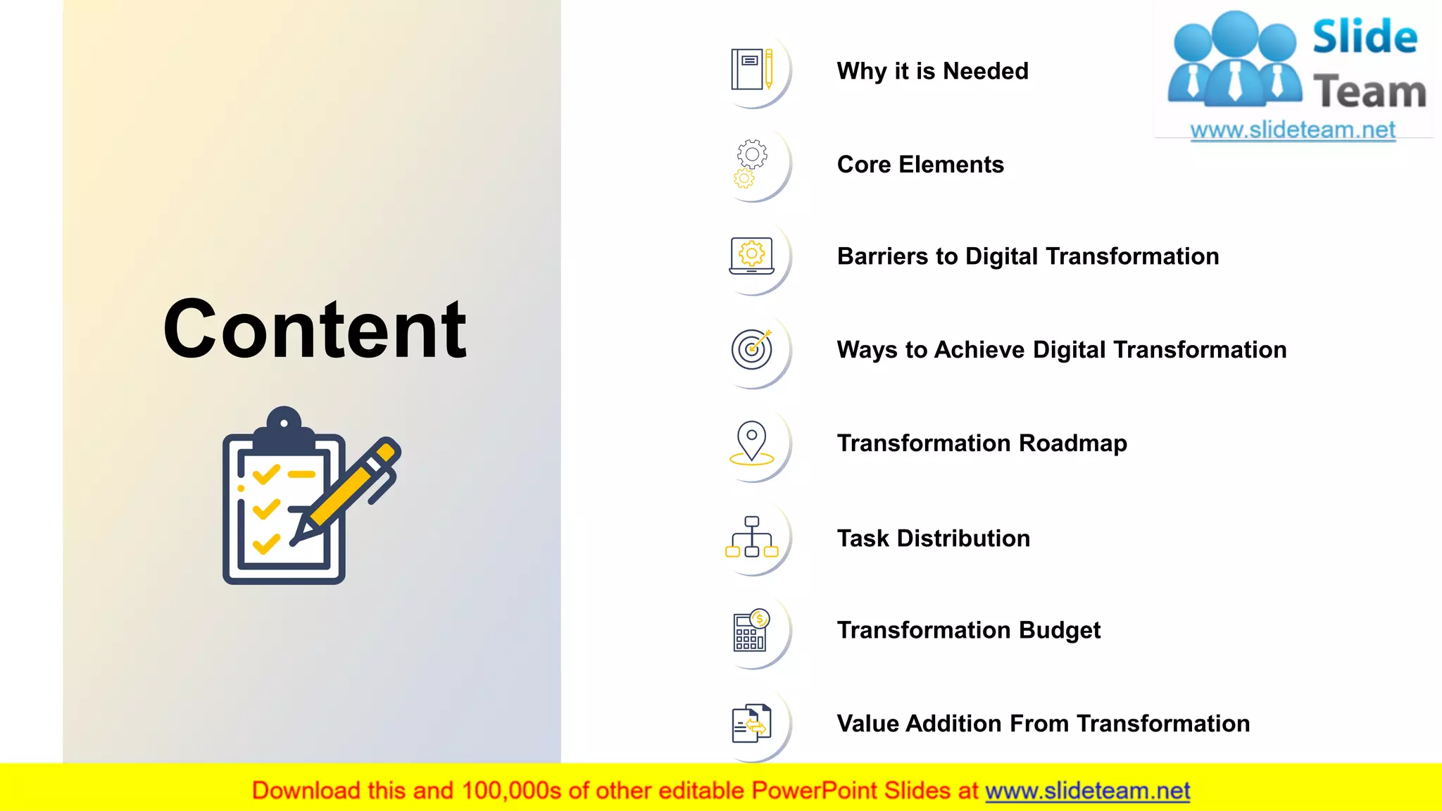 2
Content
Why it is Needed
Core Elements
Barriers to Digital Transformation
Ways to Achieve Digital Transformation
Task Distribution
Transformation Budget
Value Addition From Transformation
Transformation Roadmap
 