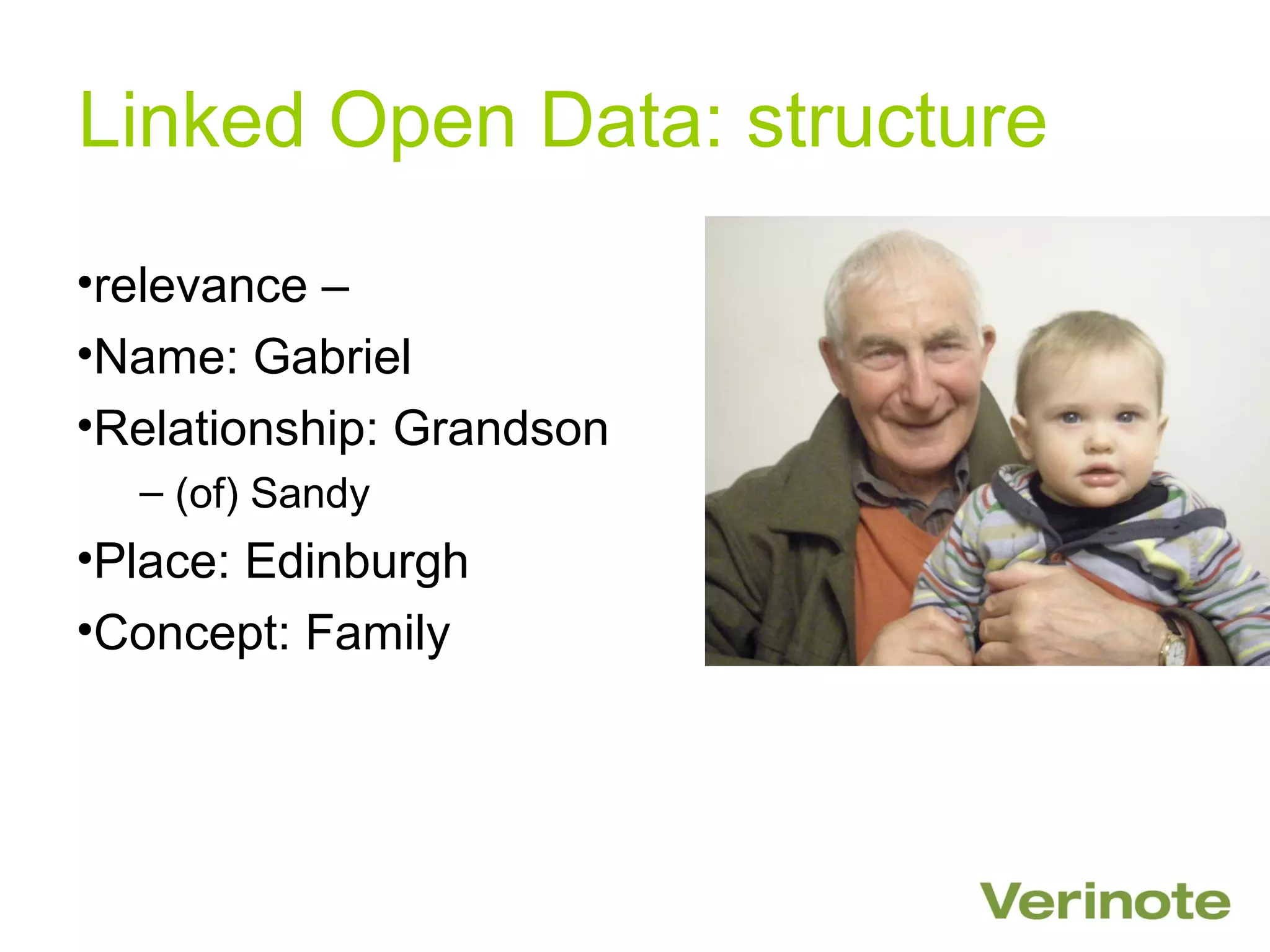 Linked Open Data: structure
•relevance –
•Name: Gabriel
•Relationship: Grandson
  – (of) Sandy
•Place: Edinburgh
•Concept: Family
 