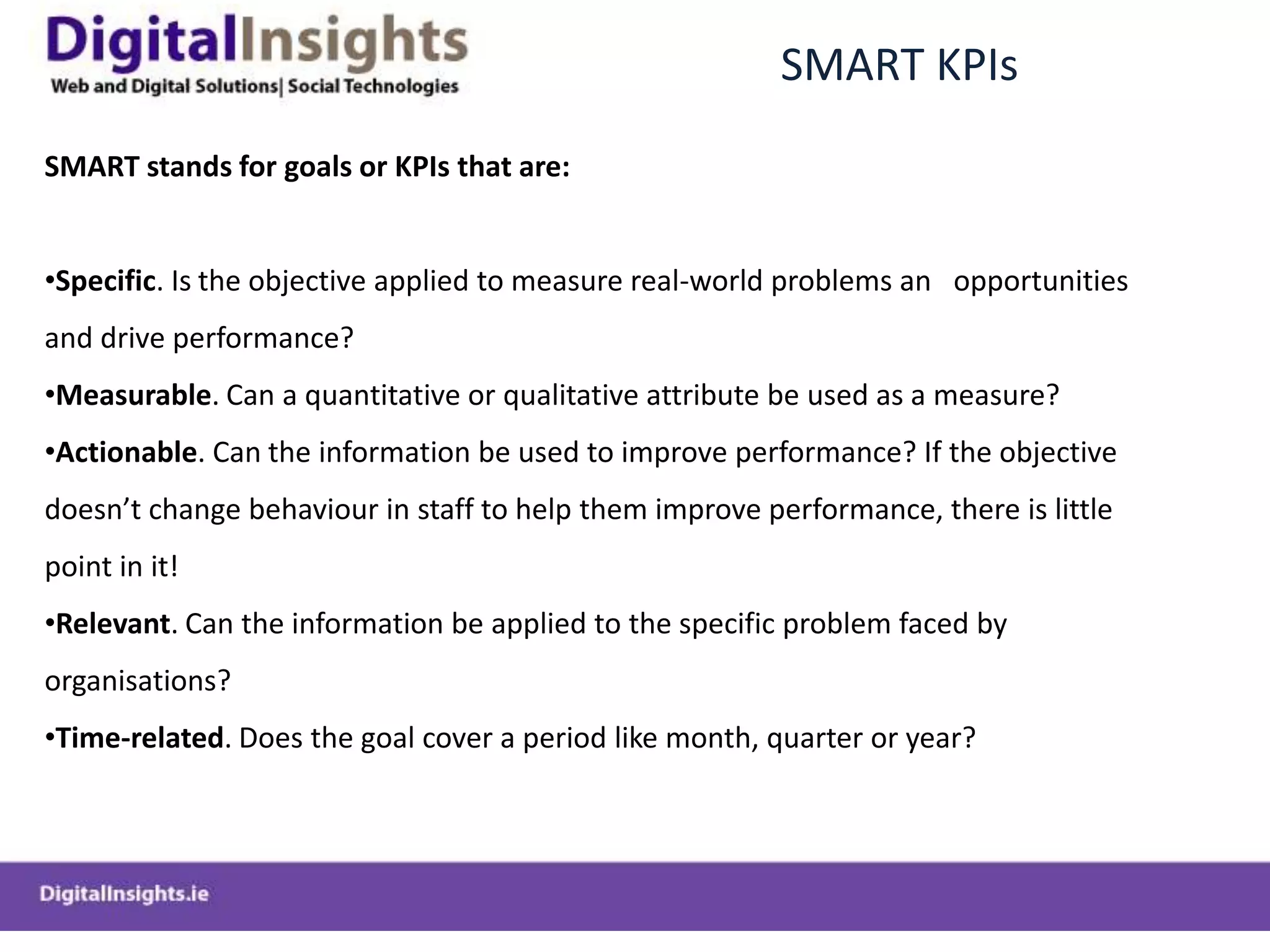 SMART KPIsSMART stands for goals or KPIs that are:Specific. Is the objective applied to measure real-world problems an   opportunities and drive performance?