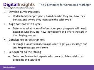 The 7 Key Rules for Connected Marketer Develop Buyer Personas Understand your prospects, based on who they are, how they behave, and where they interact in the sales cycle Align content with buyers Determine what types of information your prospects will need, based on who they are, how they behave and where they are in their buying process Consistency across channels Leverage as many channels as possible to get your message out – and keep messages consistent Let experts do the talking  Solve problems – find experts who can articulate and discuss problems and solutions 