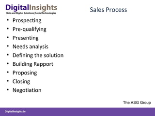 Sales Process
• Prospecting
• Pre-qualifying
• Presenting
• Needs analysis
• Defining the solution
• Building Rapport
• Proposing
• Closing
• Negotiation
The ASG Group
 