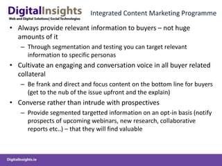 Preparational ConsiderationsCharacteristics of best customersWho typically buys from you, who are least demading customers, characteristics of easily and profitable closed salesUnderstanding the “Buyer Journey”Where did best leads come from, how do leads advance along the funnel, which activities do your deals participate in (webinars, demos etc..)How can you identify if a prospect has stalledLead QualificationWhat are the specific characteristics of a marketing qualified leadWhat MQL (marekting qualified leads) typically convertWhat are the characteristics of leads that typcially need to go through a nurturing programme