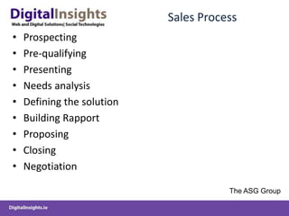 Sales ProcessProspectingPre-qualifyingPresentingNeeds analysisDefining the solutionBuilding RapportProposingClosingNegotiationThe ASG Group