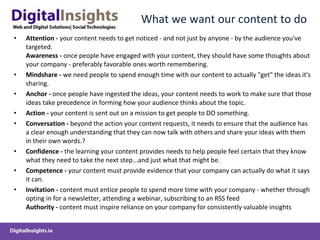 What we want our content to do Attention -  your content needs to get noticed - and not just by anyone - by the audience you've targeted.  Awareness -  once people have engaged with your content, they should have some thoughts about your company - preferably favorable ones worth remembering. Mindshare -  we need people to spend enough time with our content to actually "get" the ideas it's sharing. Anchor -  once people have ingested the ideas, your content needs to work to make sure that those ideas take precedence in forming how your audience thinks about the topic. Action -  your content is sent out on a mission to get people to DO something. Conversation -  beyond the action your content requests, it needs to ensure that the audience has a clear enough understanding that they can now talk with others and share your ideas with them in their own words.? Confidence -  the learning your content provides needs to help people feel certain that they know what they need to take the next step...and just what that might be. Competence -  your content must provide evidence that your company can actually do what it says it can. Invitation -  content must entice people to spend more time with your company - whether through opting in for a newsletter, attending a webinar, subscribing to an RSS feed Authority -  content must inspire reliance on your company for consistently valuable insights 