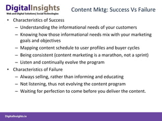 Content Mktg: Success Vs Failure Characteristics of Success Understanding the informational needs of your customers Knowing how those informational needs mix with your marketing goals and objectives  Mapping content schedule to user profiles and buyer cycles Being consistent (content marketing is a marathon, not a sprint) Listen and continually evolve the program Characteristics of  Failure Always s elling, rather than informing  and educating  Not listening, thus not evolving the content program Waiting for perfection to come before you deliver the content. 