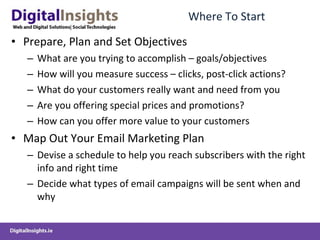 Where To Start Prepare, Plan and Set Objectives What are you trying to accomplish – goals/objectives How will you measure success – clicks, post-click actions? What do your customers really want and need from you Are you offering special prices and promotions? How can you offer more value to your customers Map Out Your Email Marketing Plan Devise a schedule to help you reach subscribers with the right info and right time Decide what types of email campaigns will be sent when and why 