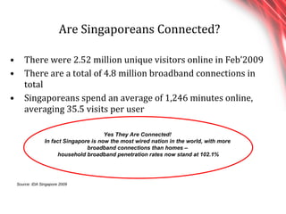 Are Singaporeans Connected? There were 2.52 million unique visitors online in Feb’2009 There are a total of 4.8 million broadband connections in total Singaporeans spend an average of 1,246 minutes online, averaging 35.5 visits per user Source: IDA Singapore 2009 Yes They Are Connected!  In fact Singapore is now the most wired nation in the world, with more  broadband connections than homes –  household broadband penetration rates now stand at 102.1% 