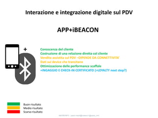 APP+iBEACON
Conoscenza del cliente
Costruzione di una relazione diretta col cliente
Vendita assistita sul PDV –DIPENDE DA CONNETTIVITA’
Dati sui device che transitano
Ottimizzazione delle performance scaffale
+INGAGGIO E CHECK-IN CERTIFICATO (>LOYALTY next step?)
Buon risultato
Medio risultato
Scarso risultato
+
Interazione e integrazione digitale sul PDV
4MOREINFO : paolo.maioli@indeed.it @paolo_mm
 