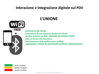 L’UNIONE
Conoscenza del cliente
Costruzione di una relazione diretta col cliente
Vendita assistita sul PDV –DIPENDE DA CONNETTIVITA’
Dati sui device che transitano
Ottimizzazione delle performance scaffale
+INGAGGIO E CHECK-IN CERTIFICATO (LOYALTY INTEGRATION?)
Buon risultato
Medio risultato
Scarso risultato
+
Interazione e integrazione digitale sul PDV
4MOREINFO : paolo.maioli@indeed.it @paolo_mm
 