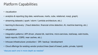 • visualization
• analytics & reporting (big data, warehouse, marts, cube, relational, nosql, graph)
• streaming datasets ( spark / storm / Lambda architecture, etc.)
• learning & discovery ( fraud detection, financial crime detection, AI, machine learning, etc.)
• virtualization
• integration patterns ( API driven, shared db, real-time, micro-services, rest/soap, web-hooks,
batch reports, CQRS, near caches, etc.)
• Inhouse infrastructure: production / DR / backup / development
• Cloud offerings for existing vendor product lines (best of breed, public, private, hybrid)
“discuss each one in more depth as needed”
Platform Capabilities
 