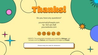 CREDITS: This presentation template was created by Slidesgo, and
includes icons by Flaticon, and infographics & images by Freepik
Thanks!
Do you have any questions?
youremail@freepik.com
+91 620 421 838
yourwebsite.com
Please keep this slide for attribution
 