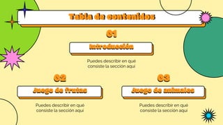 Juego de animales
Juego de frutas
Puedes describir en qué
consiste la sección aquí
Puedes describir en qué
consiste la sección aquí
Introducción
Puedes describir en qué
consiste la sección aquí
02
01
03
Tabla de contenidos
 