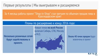 Первые результаты | Мы выигрываем и расширяемся
За 4 месяца работы проект “Shop-in-Shop” стал третьим по объемам продаж пива в
Краснодарском крае!
Планы по расширению к концу 2016 года:
Несколько розничных сетей
будут задействованы в
проекте.
Новые точки по всей России
включая Сибирь, СПб, Москву
и М.О.
Около 40 точек продаж будут
вовлечены в проект
 