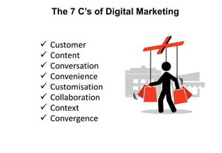 The 7 C’s of Digital Marketing
 Customer
 Content
 Conversation
 Convenience
 Customisation
 Collaboration
 Context
 Convergence
 