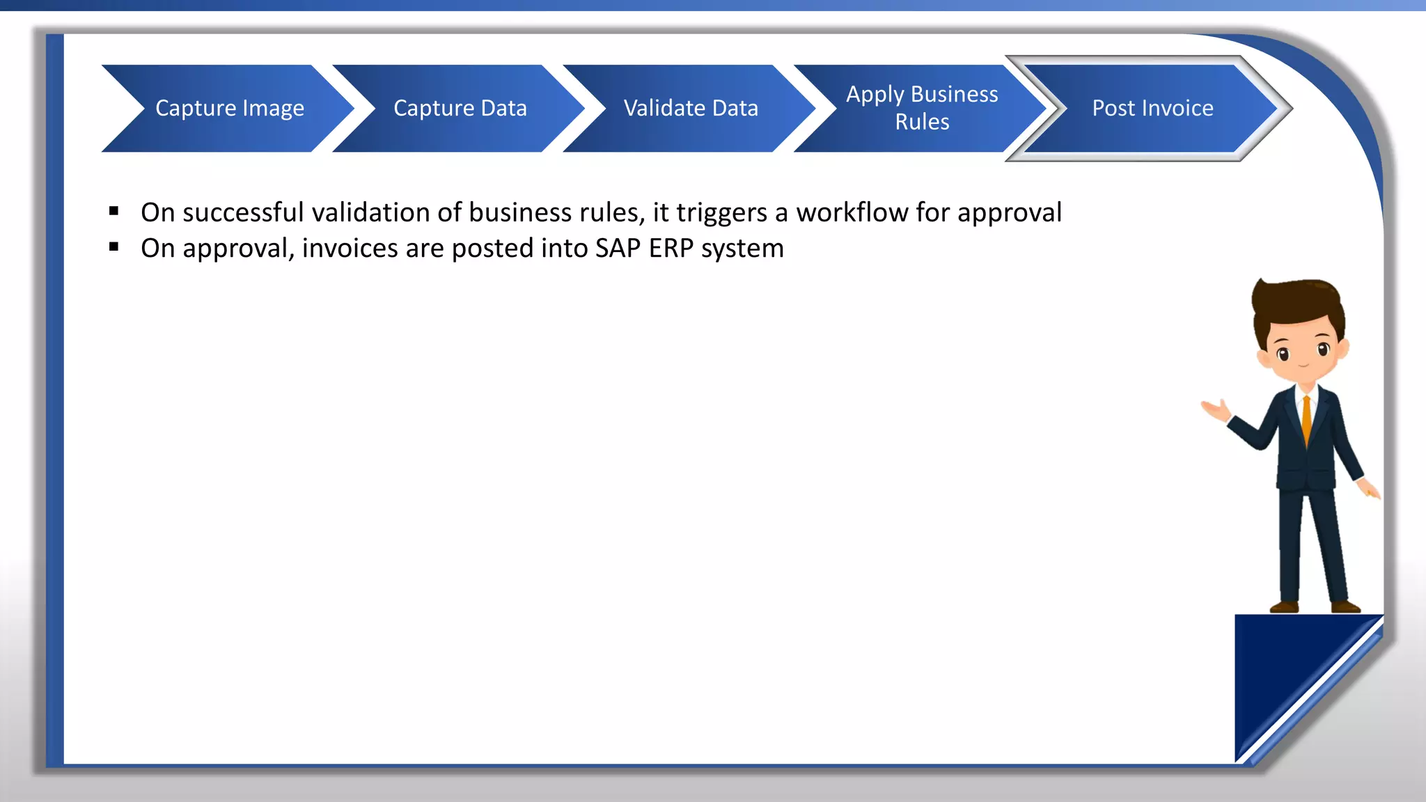 Capture Image Capture Data Validate Data
Apply Business
Rules
Post Invoice
▪ On successful validation of business rules, it triggers a workflow for approval
▪ On approval, invoices are posted into SAP ERP system
 