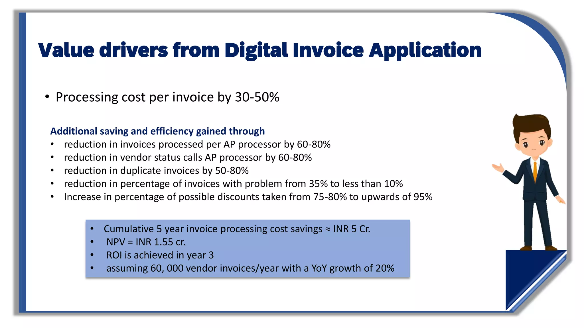 Value drivers from Digital Invoice Application
• Processing cost per invoice by 30-50%
Additional saving and efficiency gained through
• reduction in invoices processed per AP processor by 60-80%
• reduction in vendor status calls AP processor by 60-80%
• reduction in duplicate invoices by 50-80%
• reduction in percentage of invoices with problem from 35% to less than 10%
• Increase in percentage of possible discounts taken from 75-80% to upwards of 95%
• Cumulative 5 year invoice processing cost savings ≈ INR 5 Cr.
• NPV = INR 1.55 cr.
• ROI is achieved in year 3
• assuming 60, 000 vendor invoices/year with a YoY growth of 20%
 