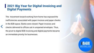 2021 Big Year for Digital Invoicing and
Digital Payments
The movement toward working from home has exposed the
inefficiencies associated with paper invoices and paper checks
in the B2B space. Banks were closed. Paper invoices and
checks delivered to offices sat in unopened envelopes. Thus,
the pivot to digital B2B invoicing and digital payments became
an immediate priority for businesses.
 